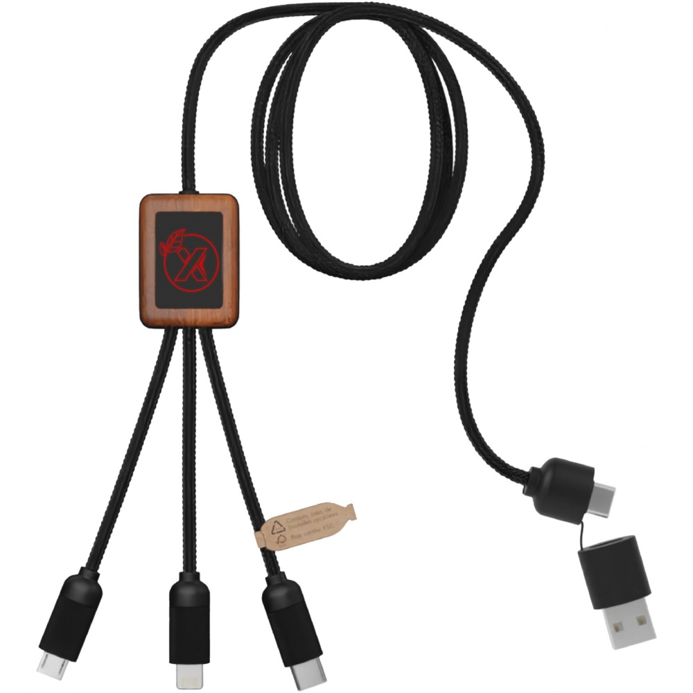 Logotrade promotional merchandise image of: SCX.design C38 5-in-1 rPET light-up logo charging cable with squared wooden casing