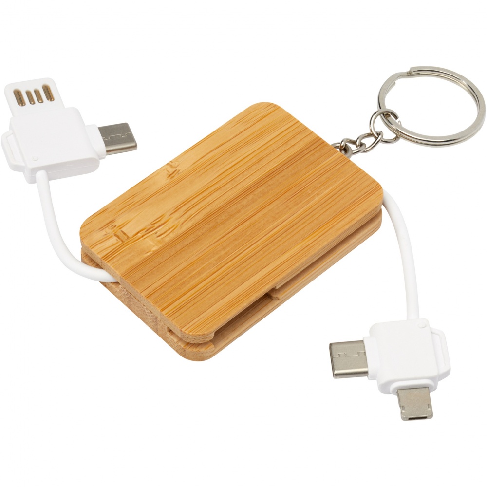 Logotrade promotional gift picture of: Reel 6-in-1 retractable bamboo key ring charging cable