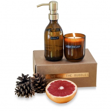 Logo trade promotional items image of: Wellmark Discovery 200 ml hand soap dispenser and 150 g scented candle set - bamboo fragrance
