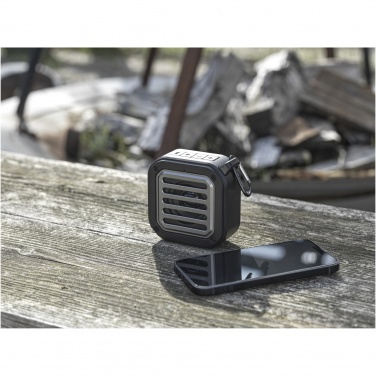 Logotrade promotional product image of: Solo 3W IPX5 RCS recycled plastic solar Bluetooth® speaker with carabiner 