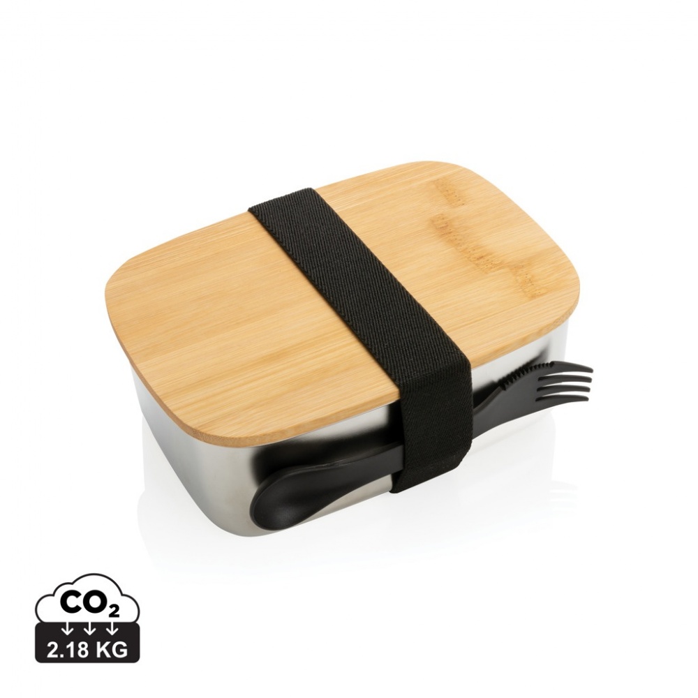 Logo trade promotional gift photo of: Stainless steel lunchbox with bamboo lid and spork