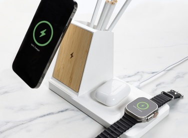 Logotrade promotional item image of: Ontario recycled plastic & bamboo 3-in-1 wireless charger