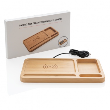 Logo trade corporate gifts picture of: Bamboo desk organiser 5W wireless charger