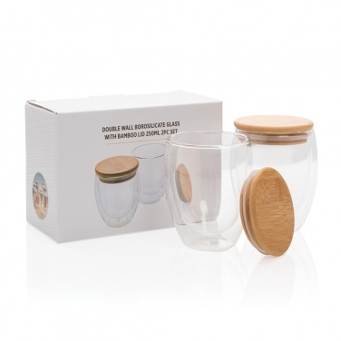 Logo trade advertising products image of: Double wall borosilicate glass with bamboo lid 250ml 2pc set