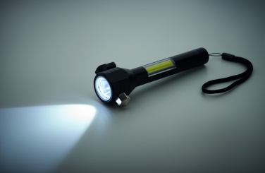 Logo trade business gift photo of: 3-in-1 aluminum flashlight with an emergency hammer and seatbelt cutter, customizable with printing