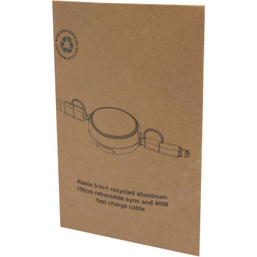 Logo trade business gifts image of: Alasia 5-in-1 100 cm recycled plastic and aluminium retractable data sync and 45W fast charge cable