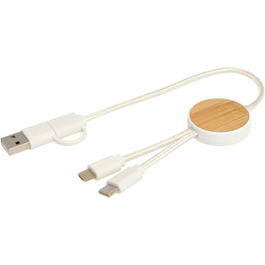 Logo trade promotional merchandise image of: Chechia 5-in-1 recycled plastic 30 cm data sync and 27W fast charge cable with bamboo details