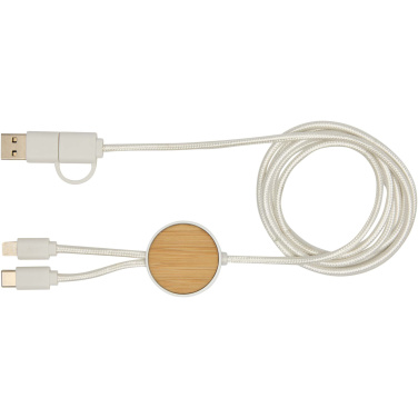 Logo trade promotional item photo of: Chechia 5-in-1 recycled plastic 150 cm data sync and 27W fast charge cable with bamboo details