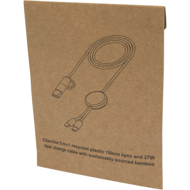 Logotrade promotional product picture of: Chechia 5-in-1 recycled plastic 150 cm data sync and 27W fast charge cable with bamboo details