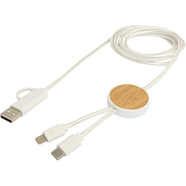 Logo trade business gift photo of: Chechia 5-in-1 recycled plastic 150 cm data sync and 27W fast charge cable with bamboo details