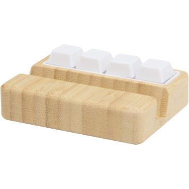 Logo trade mainoslahja kuva: Algol kierrätetystä muovista valmistettu puhelinjalusta ja hypistelylelu bambuyksityiskohdilla