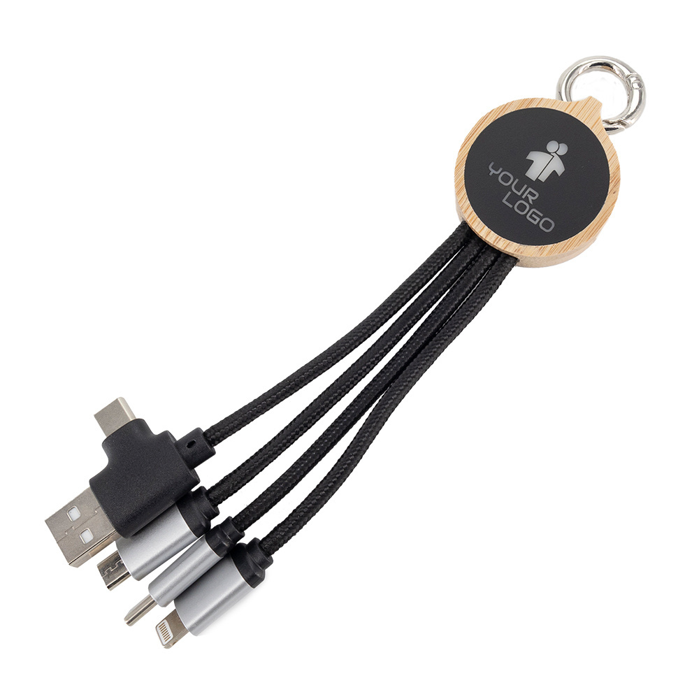 Логотрейд бизнес-подарки картинка: Кабель 4 в 1 с подсвечиваемым логотипом в деревянном корпусе, LH-ZMU05