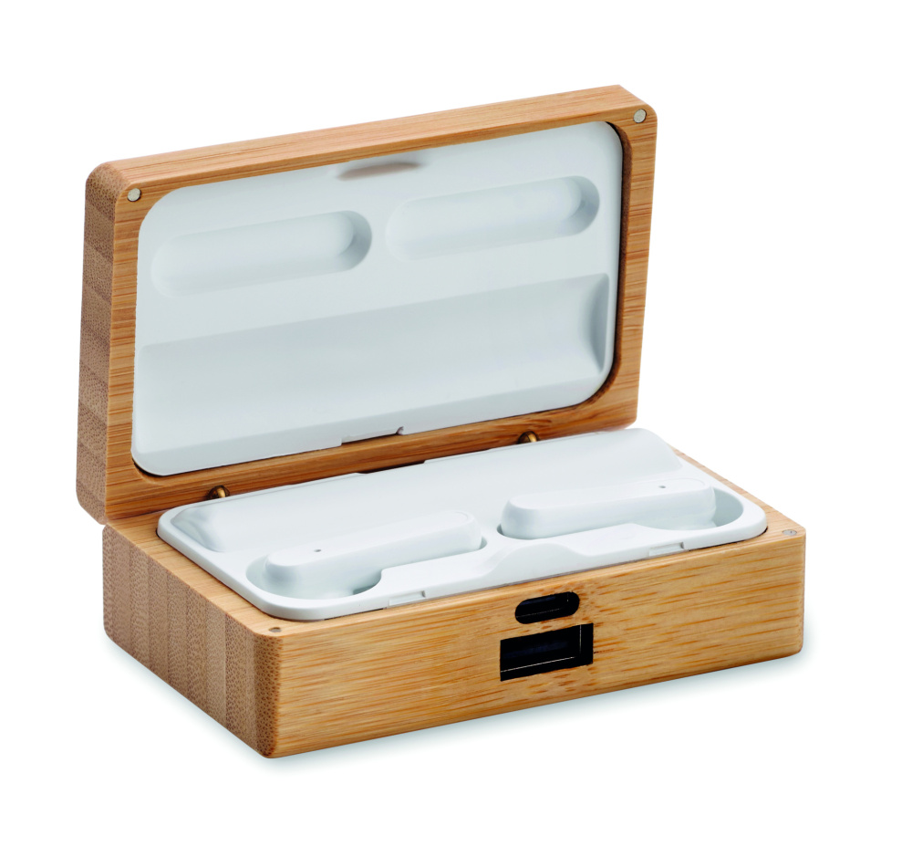 Лого трейд бизнес-подарки фото: TWS earbuds in bamboo case